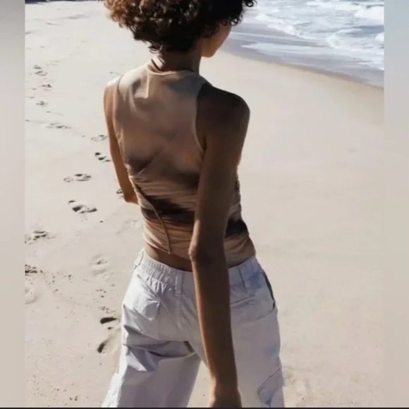 ZARA Asymmetrical Sleeveless Tie Dye Tulle Burnout Mesh Crop Sunset Tank Top - Picture 9 of 9